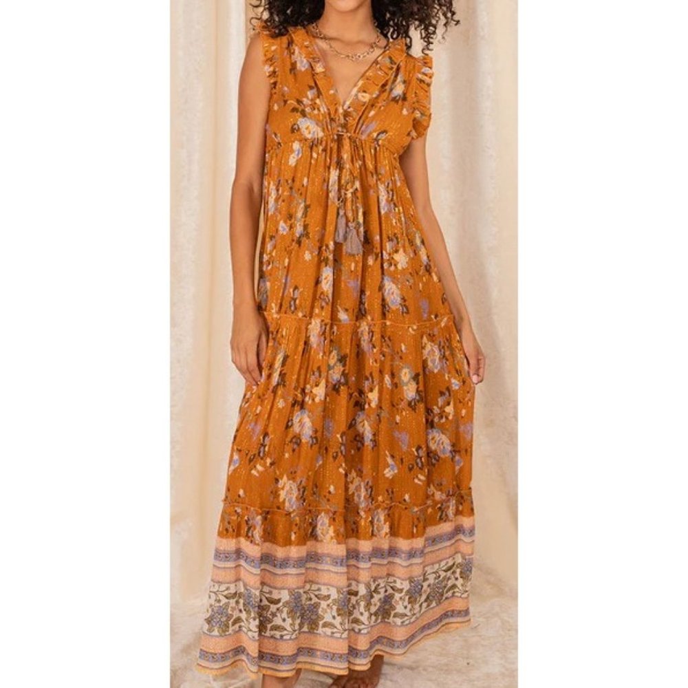 New RAGA Glories Ruffle A-Line Maxi Dress Tie Waist Metallic Floral‎ Women's XS